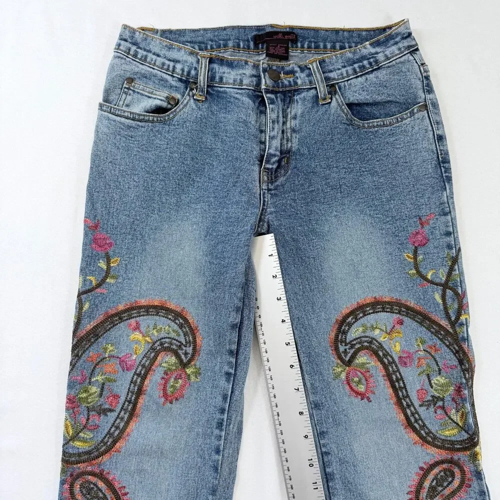 Willi Smith Jeans Womens 4 Paisley Floral Embroidered Bootcut Y2K Boho Acid Wash